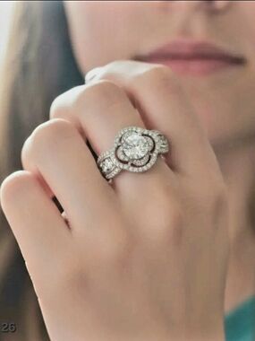 Diamond Halo Floral Engagement Ring Set - Silver